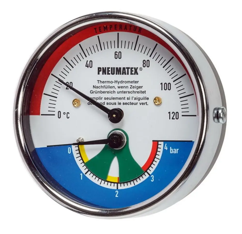 Thermohydrometer mit zwei Skalen für Temperatur und Druck. Das Gerät zeigt Werte bis 120 Grad Celsius und 4 bar an. Marke: IMI Hydronic Engineering.